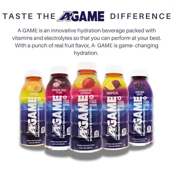 A-GAME Sports Drink, Concord Grape, The Ultimate Hydration Sports Beverage for Athletes, 8 Essential Vitamins including B, C, & E plus Natural Sea Salt Electrolytes, All Natural Flavors & Sweeteners, Gluten Free, 16 Fl Oz (Pack of 12)