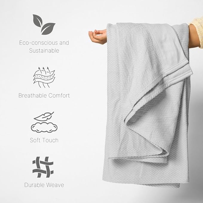 100% Cotton Herringbone Weave Blankets, 108"X90" King,Throw Blanket for Bed,All Season Cotton Blanket, Cozy Blanket,Throws Bed Blanket, Throw Blanket for Couch,Modern Home Decor -Light Grey