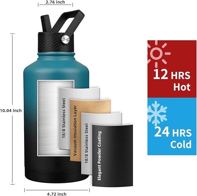 Insulated Water Bottle 64oz,Triple Wall Vacuum Stainless Steel(Dishwasher Safe),Leak Proof & Non-BPA,Flask Jug with Paracord Handle & Straw Spout Lids Sports