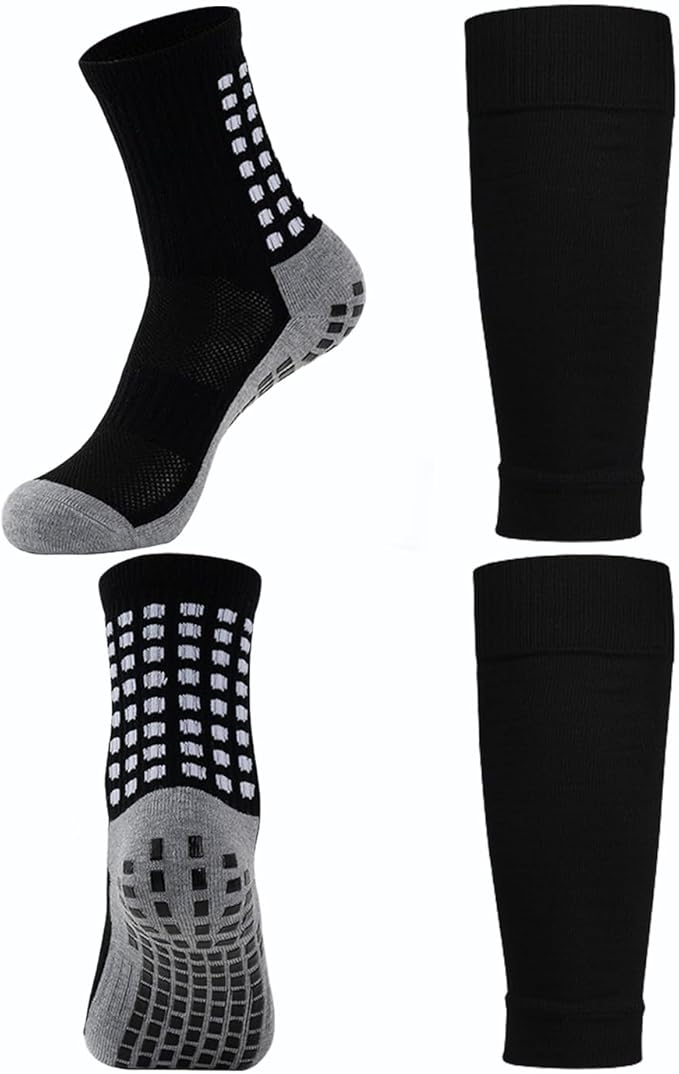 KMOLY 1 Set Soccer Grip Socks,Shin Guard Sleeves for Football Basketball for Men and Women Black/White One Size