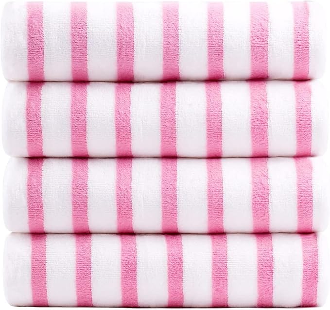 JML Microfiber Beach Towels, Bath Towel Set (4 Pack, 27" x 55") - Extra Large, Soft, Absorbent, Fast Drying, Multipurpose for Hair, Bathroom, Swimming, Fitness, Sport, Yoga -Stripe Pink
