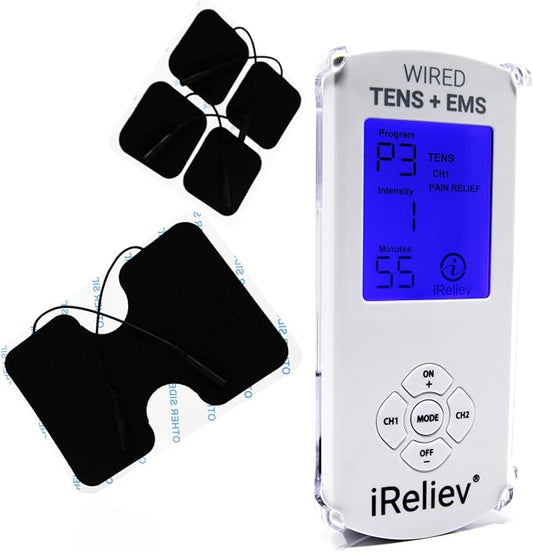iReliev TENS Unit + EMS Muscle Stimulator Comes with 14 Therapy Modes, Premium Pain Relief and Recovery System, Rechargeable, Large Back Lit Display, Large and Small Electrode Pads