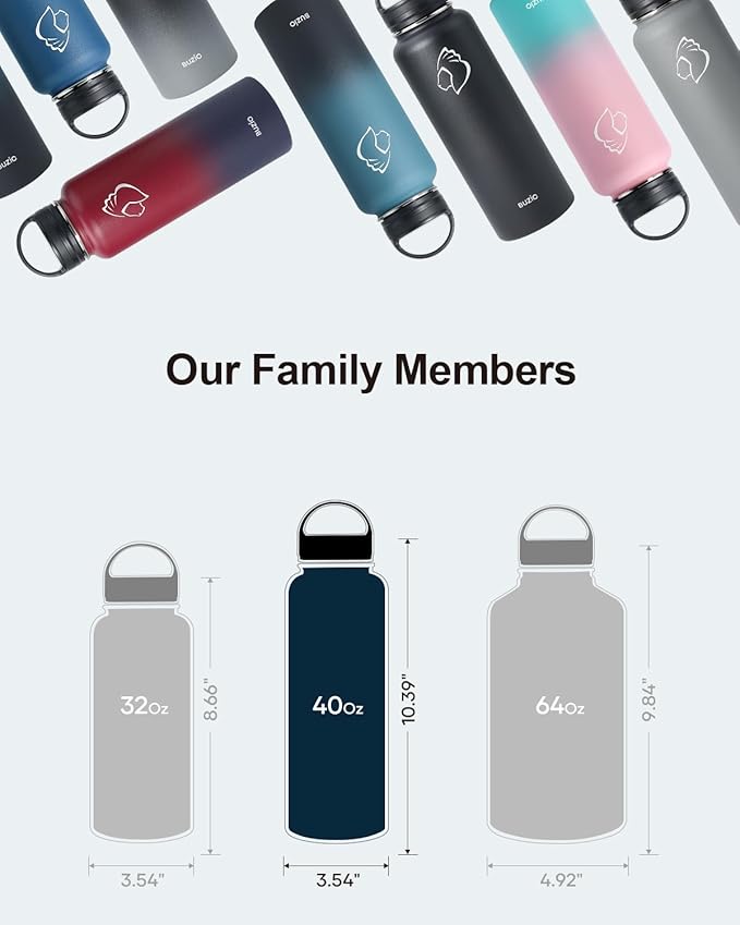 BUZIO 40 oz Water Bottle Insulated with Straw & 3 lid and Carrying Pouch, Leak Proof Anti-Slip Stainless Steel Water Flask Jug, Cold for 48 Hrs Double Vacuum Thermo Canteen, BPA-Free, Shadow