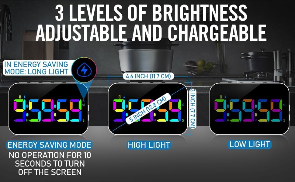 Kitchen Digital RGB Timer, Count Down Up, Rechargeable, Vibration Mode - Image 6