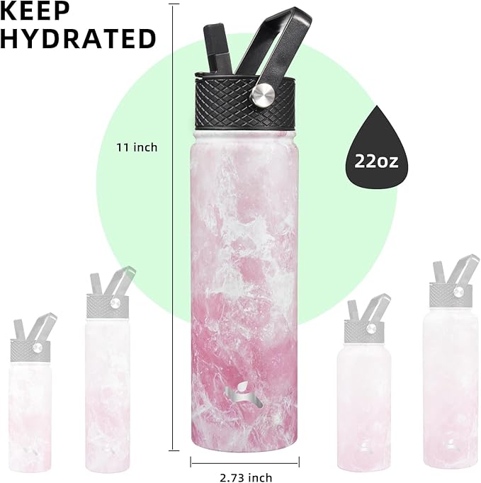 22oz Stainless Steel Bottles with 3 Lids Sport Insulated Water Bottle,Marble Blossom