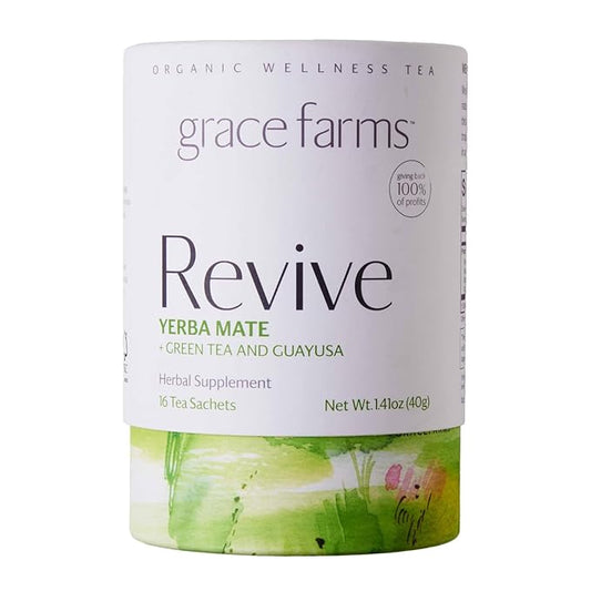 Grace Farms REVIVE Wellness Organic Tea Blend (16 Pyramid Sachets) | Yerba Mate, Green Tea, & Adaptogens | Natural Energy Coffee Replacement | Fairtrade & Kosher | Gives Back 100% of Profits