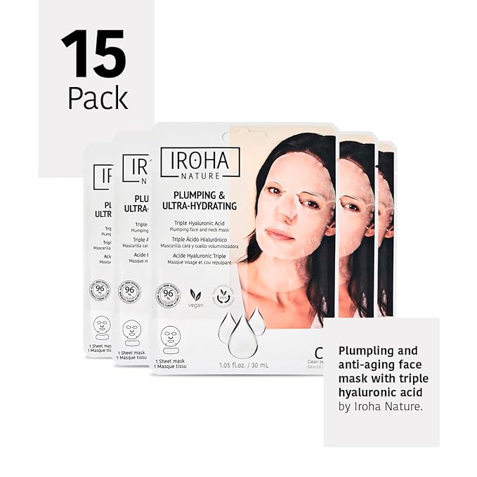 IROHA NATURE Replumping & Anti-Aging Tissue Face Mask (Pack of 15) | With Triple Hyaluronic Acid | Deep Hydration & Anti-Aging Effect | Softer, Calmer Skin | 100% Vegan