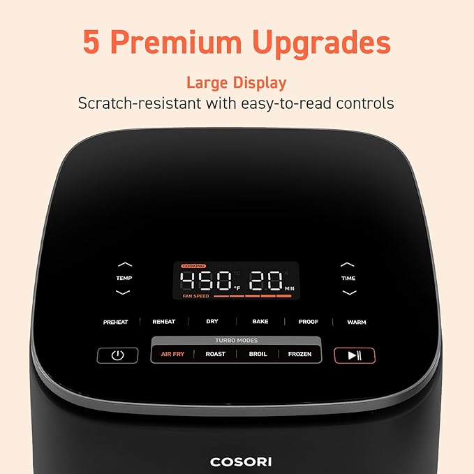 COSORI Air Fryer 9-in-1, Compact & Large 6-Qt, Fast Turbo Modes, 90–450°F Precise Heat for Even Results, Up to 95% Less Oil*, Roast, Bake, Dry, Reheat, Frozen, Broil, Proof, 120V, TurboBlaze, Ceramic
