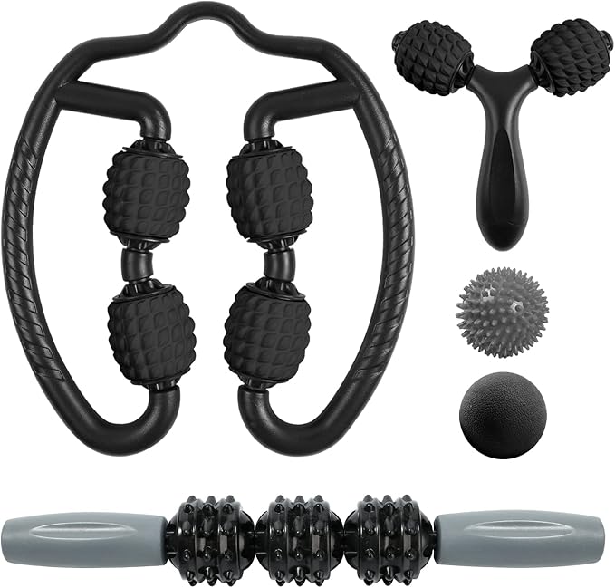 Odoland Foam Roller Set with 360° Trigger Point Massage Roller, Muscle Roller Stick, Y Shaped Handheld Roller, 2 Massage Ball for Leg, Arms, Muscle Myofascial and Deep Tissue Pain Relief, Black