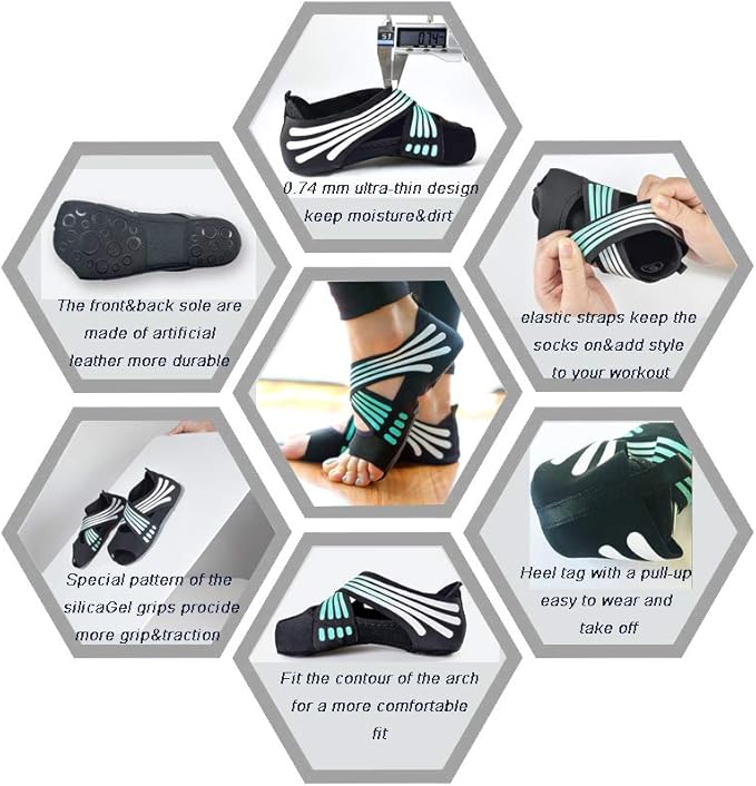 ABIRAM Yoga Socks Toeless Non-Slip Grips & Straps, for Pilates, Barre, Ballet, Bikram, Workout for Women