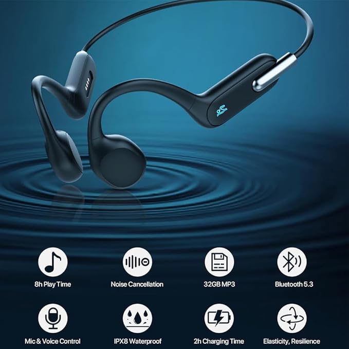 IHAO Swimming Headphones True Bone Conduction Open Ear Headset MP3 Player Built-in 32G Memory IP68 Underwater Waterproof Stereo Bluetooth Earphone for Driving Bicycling Running Skiing-X6 Black