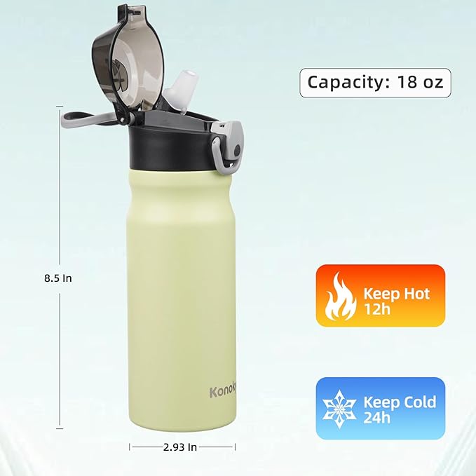 Insulated Water Bottle with Straw and Carry Loop,18 oz Stainless Steel Double Wall Vaccum Metal Water Flask with Leak-proof Lid,Macaron Green