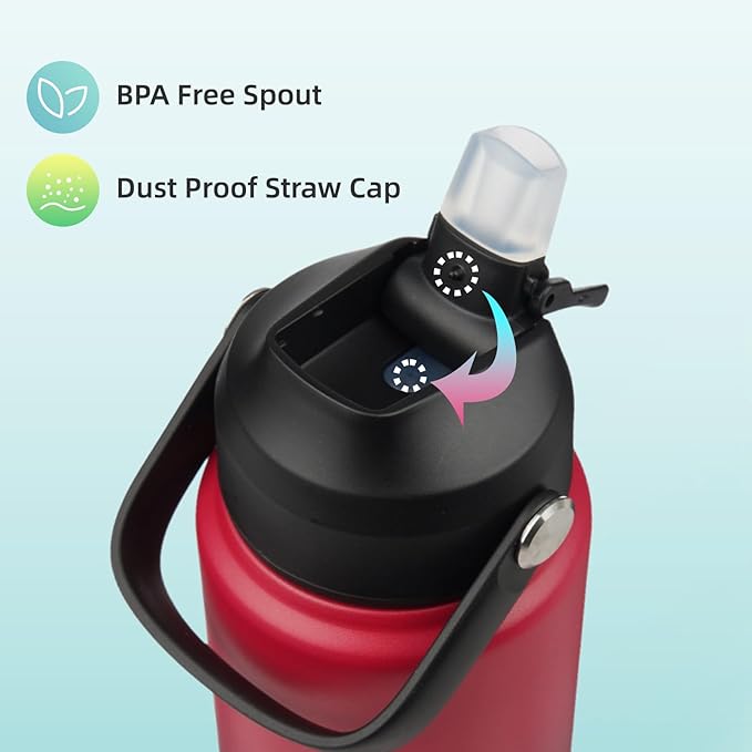 Insulated Water Bottle with Straw Lid,24 oz Stainless Steel Vacuum Metal Bottle with Silicone Handle,Rosy Red