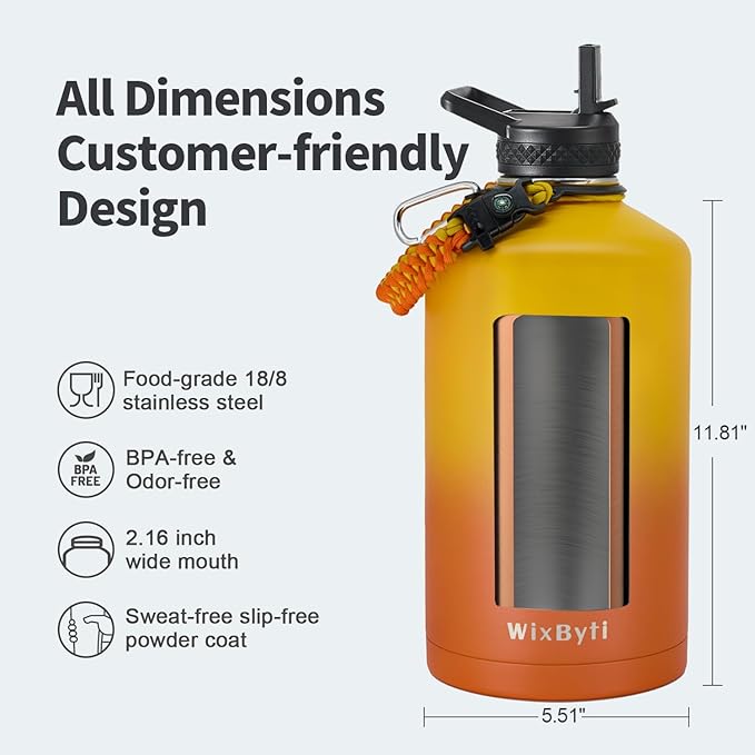 One Gallon Water Bottle Insulated with DIY Stickers, Triple Wall Vacuum Cold for 48 Hrs Leak-proof Non-BPA, 128oz Large Sports Stainless Steel Water Jug with Paracord Handle Straw Spout Lids