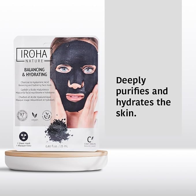 IROHA NATURE Rebalancing & Hydrating Tissue Face Mask | 15 Pieces | With Charcoal & Hyaluronic Acid | Deep Purifying for Clean, Clear Skin | Results in 15 Minutes | 100% Vegan
