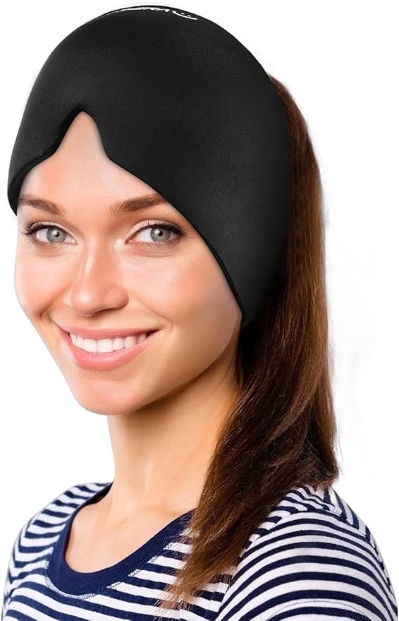 iTHERAU Migraine Ice Head Wrap-Headache Relief Hat, Migraine Relief Cap, Cold Therapy Headache Relief Cap Pink&Black Headache Ice Pack for Puffy Eyes, Tension, Sinus & Stress Relief