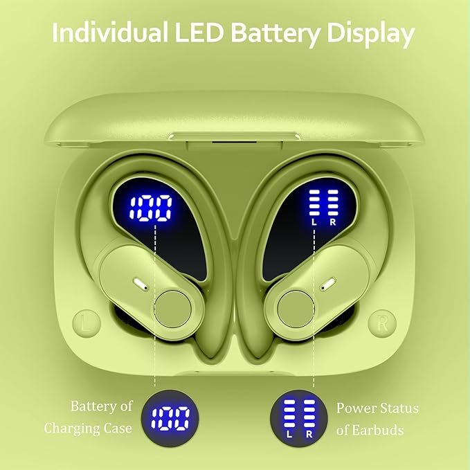 GOLREX Active Noise Cancelling Ear Buds Wireless Earbuds Bluetooth Headphones with 80H Playtime LED Display Wireless Charging Case, Over-Ear Hooks Earbud for Sports Running Gym Workout Yellow Green