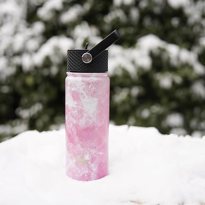 Insulated Water Bottle 24oz Stainless Steel Sport Bottles with 3 Lids,Marble Blossom