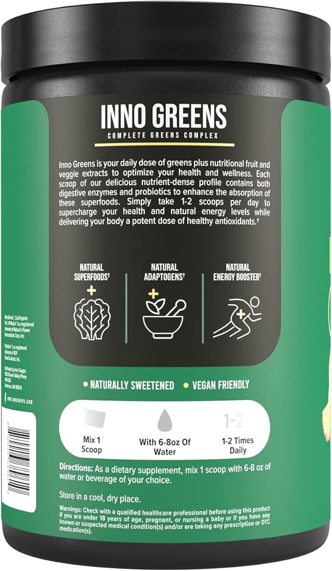 Inno Greens | 28+ Organic Greens & Superfoods | Advanced Prebiotics + Probiotics | Super Antioxidant + Hydration | Spirulina, Chlorella, Ashwagandha | Natural, Non-GMO | 30 Servings (Paradise Punch)