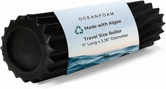 Oceanfoam Ripple Travel Foam Roller (11" x 3.35") Firm Mini Foam Roller for Physical Therapy, Deep Tissue Massage, Back Pain - High Density, Ergonomic Wave Textured - Yoga, Pilates, Exercise (Black)