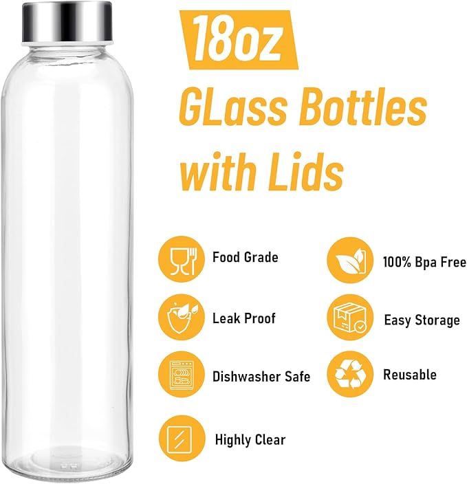 Sursip 18oz Glass Water Bottle Set of 6, Clear glass juice bottle for juicing，Reusable Drinking Bottles with Stainless Steel Lid，Beverage Storage Containers for Refrigerator-BPA Free，Leak Proof