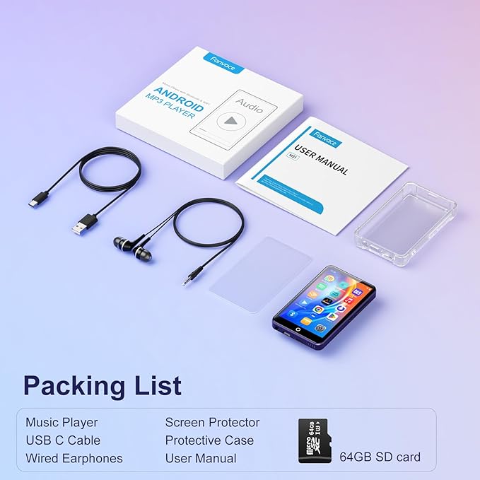 80GB MP3 Player with Bluetooth and WiFi, Android MP3 & MP4 Players with 4" Touchscreen and Speaker, Spotify Music Player with FM Radio, Audible, Amazon Music, Play Store (Purple)