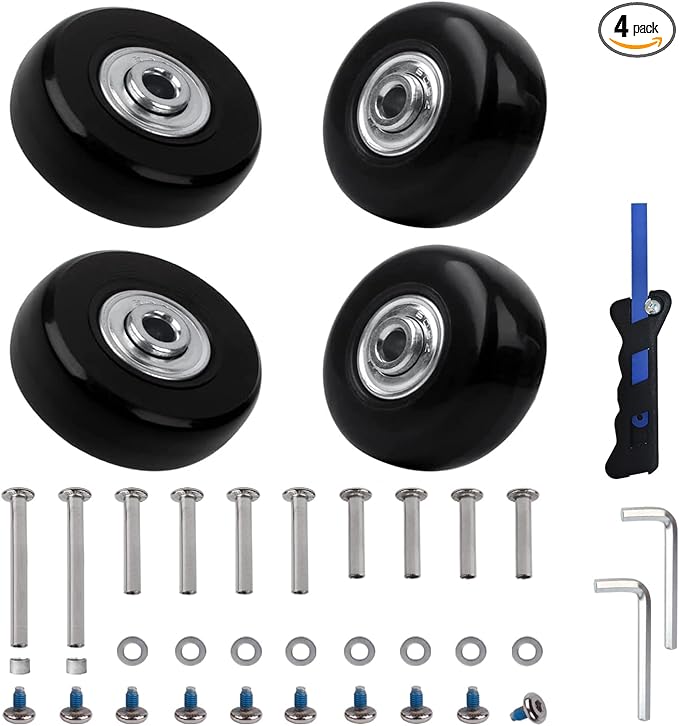 Luggage Suitcase Replacement Wheels Set of 4 PU Bearing Wheels-Install Width 0.8in/21mm with 3 Size Axles and Hacksaw for Trolley Bag Drawbar Box Smooth Rolling Repair(45mm x 18mm)
