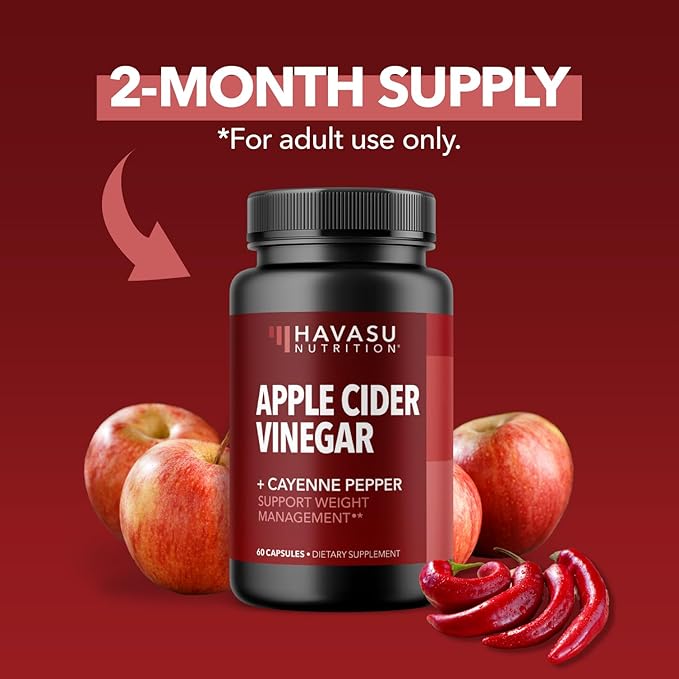 HAVASU NUTRITION Apple Cider Vinegar Capsules with 500mg Apple Cider Vinegar and 20mg Cayenne Pepper - Bloating Relief and Appetite Suppressant; Non-GMO; 60 Capsules for Men and Women