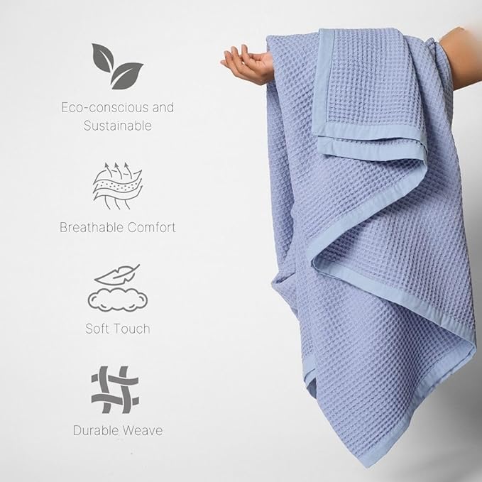 GOTS Certified Organic Cotton Waffle Weave Blanket, Queen Bed Size, 90"X90"Cozy Throw Blanket for Couch, Modern Home Decor, Throw Blankets, Waffle Blanket, Soft Bed Blankets - Powder Blue