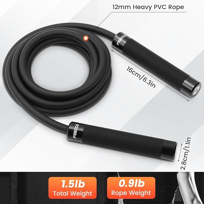 FEECCO Weighted Jump Rope - Heavy PVC Ropes with Metal Handles and Ball Bearings