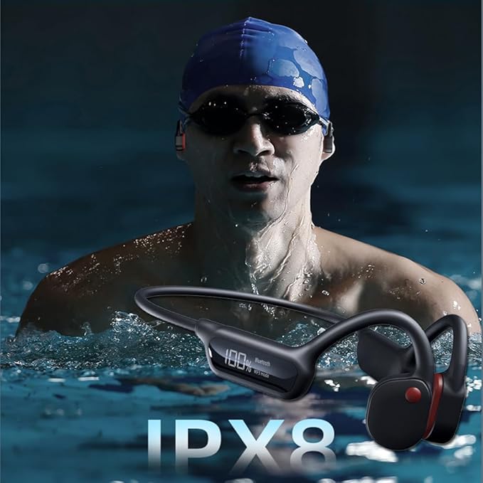 IHAO Swimming Headphones True Bone Conduction Open Ear Headset MP3 Player Built-in 32G Memory IP68 Underwater Waterproof Stereo Bluetooth Earphone for Driving Bicycling Running Skiing-X10 Black