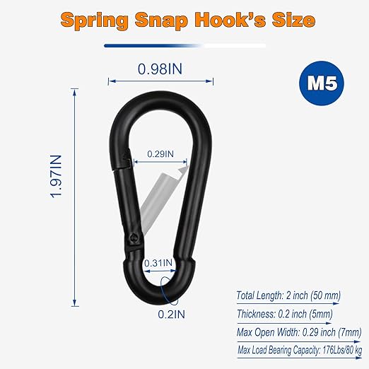 100PCS Black Carabiner Clip, M5 2Inch Spring Snap Hook Quick Link Small Carabiner Clips, 3/16'' Spring Carabiner Link Buckle for Fishing Camping Hammock Dog Leashes-220LBS Holding Capacity
