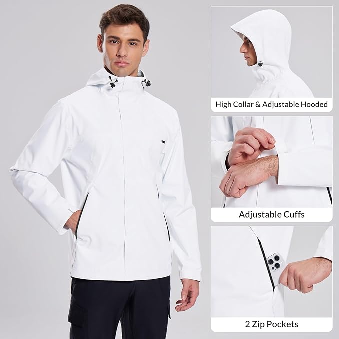 baleaf Men's Rain Jacket Waterproof Breathable Raincoat with Hood for Outdoor Hiking Traveling Cycling Windbreaker