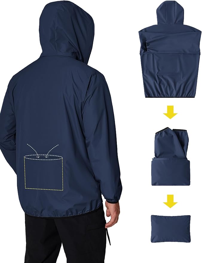 COOFANDY Men's Packable Rain Jacket Lightweight Waterproof Raincoat with Hood Travel Hiking Golf Windbreaker