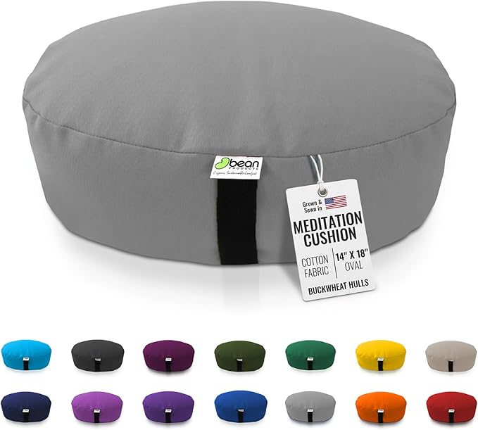 Bean Products Zafu Meditation Pillows for Sitting on Floor, Yoga Cushion, Cotton/Buckwheat Fill Yoga Pillow, Zafu Meditation Cushion, Zen Kneeling Prayer Pad- Made in USA - 14"x18" Oval - Stone Gray