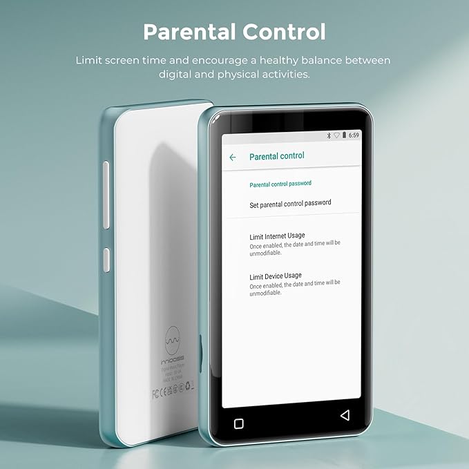 innioasis 80GB MP3 Player with Bluetooth and WiFi, MP3 Player for Kids with Spotify, Spotify Kids, Pandora, Audible, 4.0" Touch Screen Music Player with Parental Controls, Up to 1TB (White+ Sky-Blue)