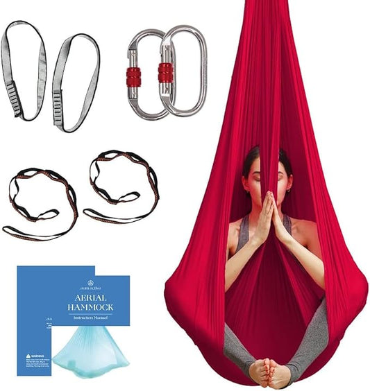 Aerial Silk Yoga Hammock & Swing for Home, Inversion Exercises, Starter Kit for All Levels - Durable with Extension Straps, Carabiners, and Pose Guide
