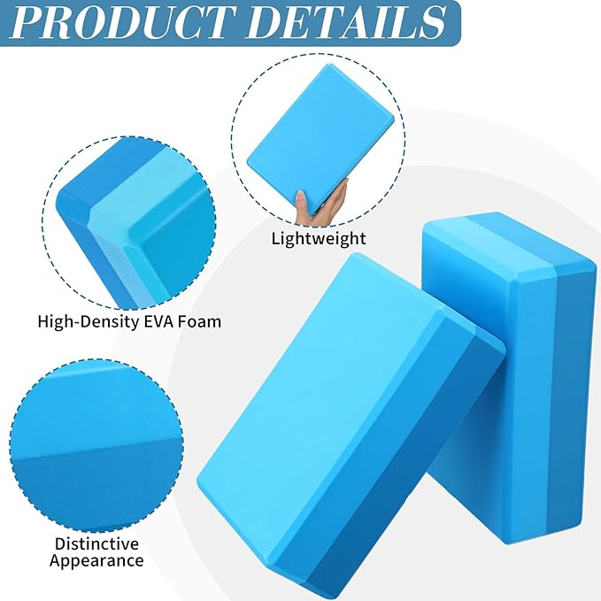 Liliful 10 Pcs Yoga Blocks Bulk Eva Foam Exercise Yoga Brick Soft Non Slip Surface Foam Blocks High Density Yoga Accessories for Workout Stability Balance Deepen Stretches Pilates 9''x6''x3''(Blue)