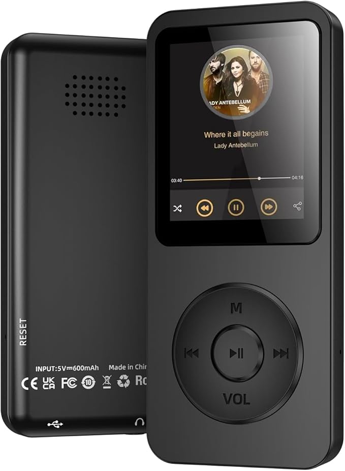 64GB MP3 Player with Bluetooth 5.3, 1.8 inch Screen Portable Music Player with Speaker, FM Radio, Voice Recorder, Physical Buttons Supports Expanded Up to 128GB(Black)