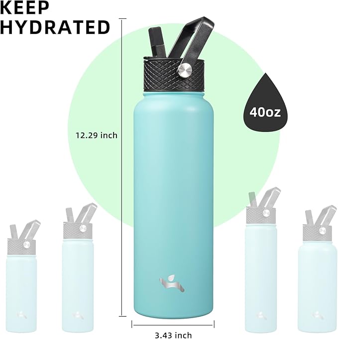 40oz Insulated Water Bottle Stainless Steel Sport Bottles with 3 Lids,Turquoise