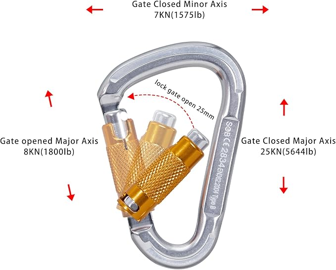 Auto Locking Rock Climbing Carabiner Clips, Heavy Duty Asymmetrical Carabiner Connector Used for Rappelling Rescue Outdoor Climbing, Mountaineer, Hammock, Camping