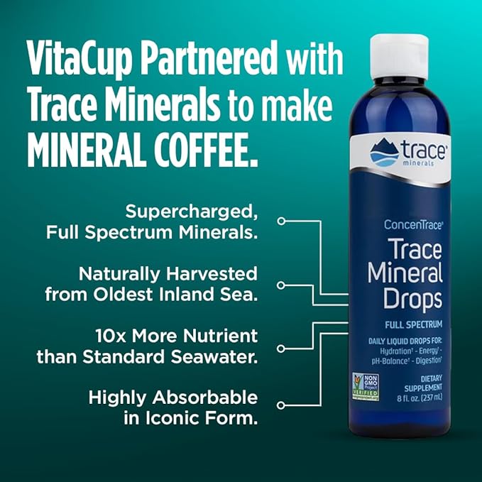 VitaCup Mineral Coffee with Trace Minerals, Hydrate, Replenish & Restore w/All Natural Sea Minerals, Electrolytes, Organic, Single Origin, Medium Dark Roast, Ground Coffee, 6 Bags 10oz Each