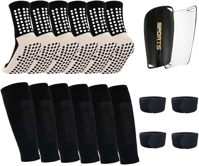 3 Pairs Mens Grip Soccer Socks, 3 Pairs Shin Sleeves with 1 Pack Shin Guards and 4 Shin Straps, Soccer Football Game Set 11 Pcs