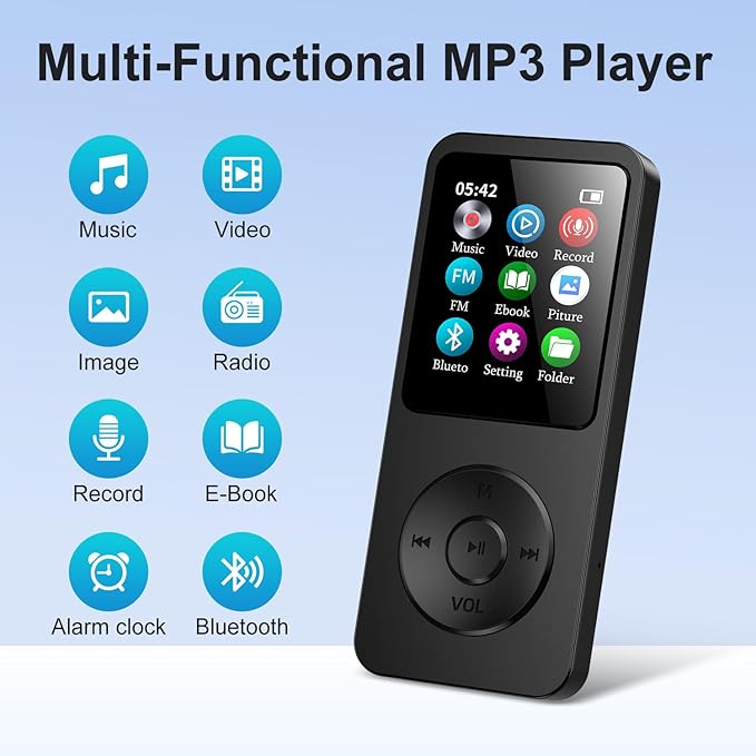 64GB MP3 Player with Bluetooth 5.3, 1.8 inch Screen Portable Music Player with Speaker, FM Radio, Voice Recorder, Physical Buttons Supports Expanded Up to 128GB(Black)
