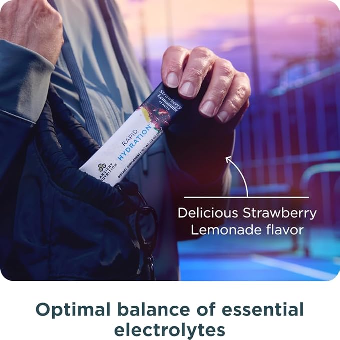 Ancient Nutrition Rapid Hydration Powder, Strawberry Lemonade, Electrolytes from Natural Sea Salts and Red Marine Algae, Supports Rapid Body Hydration and Cellular Health, 15 Servings