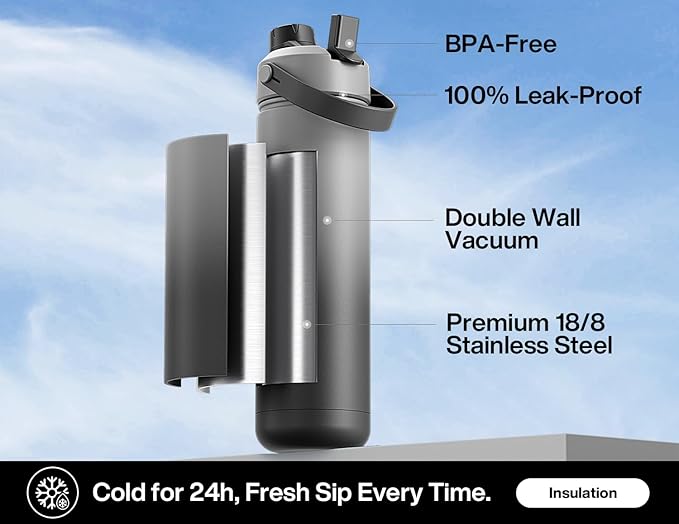 26 oz Insulated Water Bottle with 2-in-1 Straw and Spout Lid, Keep Cold 24H, Leak-Proof, Fits in Car Cup Holder, Stainless Steel Water Bottle for Sports, Travel, Gym, and School (Obsidian)