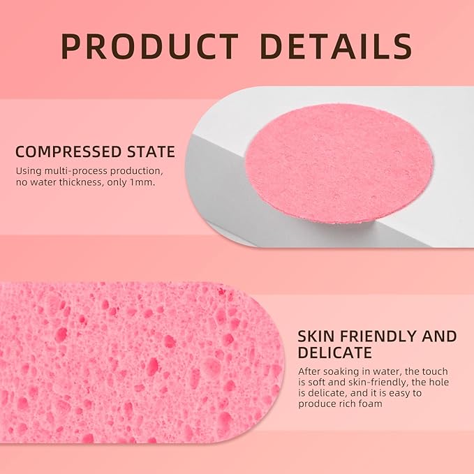 50-Count Compressed Facial Sponges, 100% Natural Cosmetic Spa Sponges for Facial Cleansing for Daily Facial Cleansing, Exfoliating Mask, Makeup Remover. Ideal for Home and Travel. (Sakura Pink)
