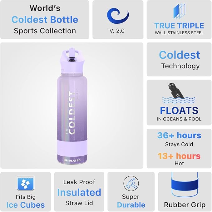 Coldest Insulated Water Bottle with Straw Lid - Stainless Steel Metal Insulated Bottle for Men & Women (Purple Ombré Glitter, 40 oz)