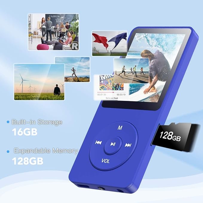 AGPTEK A02S 16GB MP3 Player, 70 Hours Playback Lossless Sound Music Player, Supports up to 128GB, Dark Blue