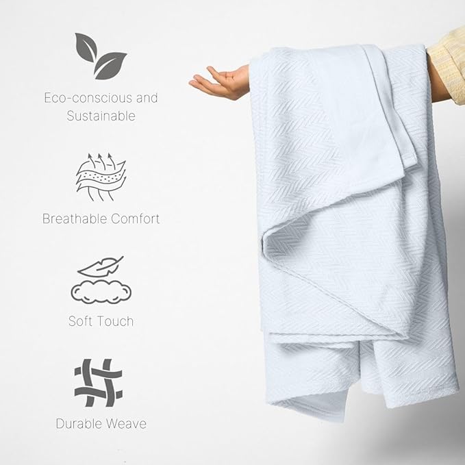 100% Cotton Herringbone Weave Blankets, 90"X90" Queen, Throw Blanket for Bed,All Season Cotton Blanket, Cozy Blanket,Throws Bed Blanket,Throw Blanket for Couch,Modern Home Decor -Light Blue